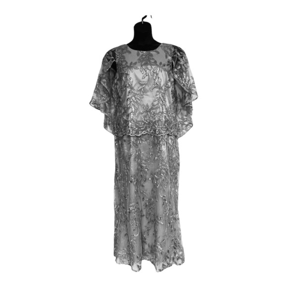 Midnight Velvet Sequin Floral Formal Gray Evening Gown Black Tie Maxi Maxi Dress - Picture 3 of 16